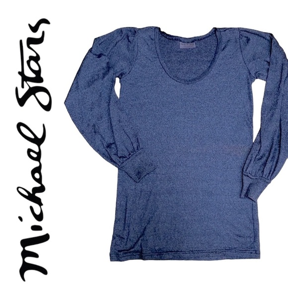 Michael Stars for Anthropologie Blue Metallic Pleated Top Long Sleeve Tee Sz OS - Picture 2 of 11